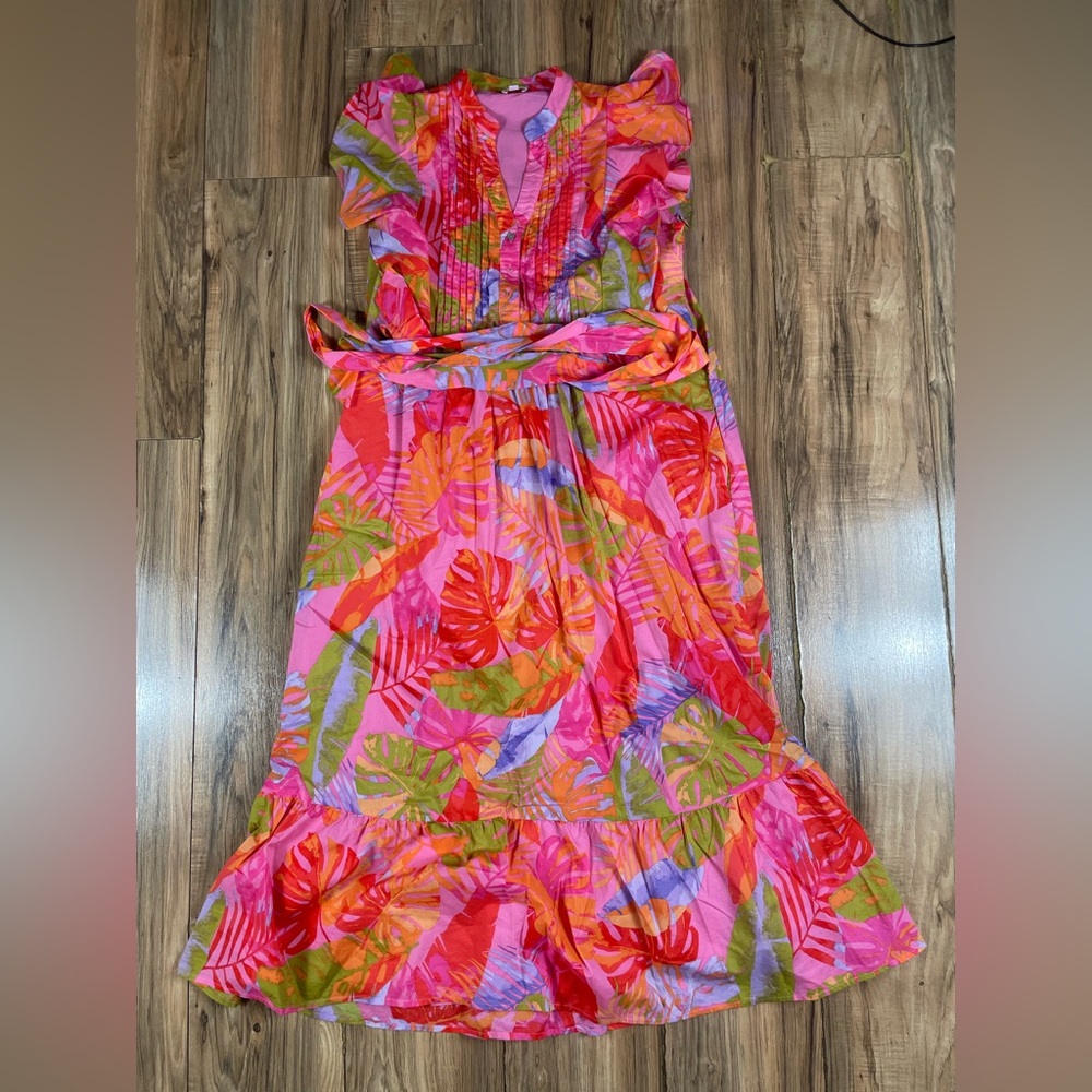 J.Marie Eden Printed Ruffle Dress V Neck Leaves Tropical Belted Belt Size Medium